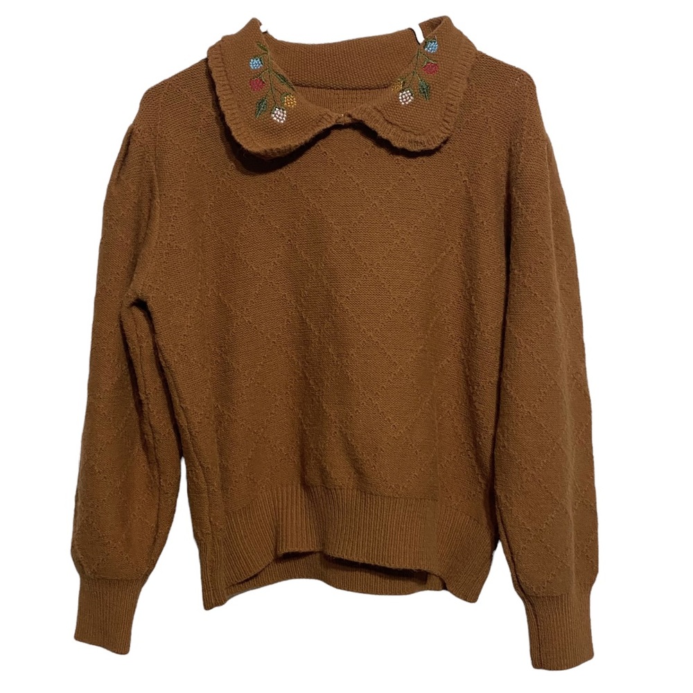 Vintage Floral Embroidered Peter Pan Collar Knit Sweater